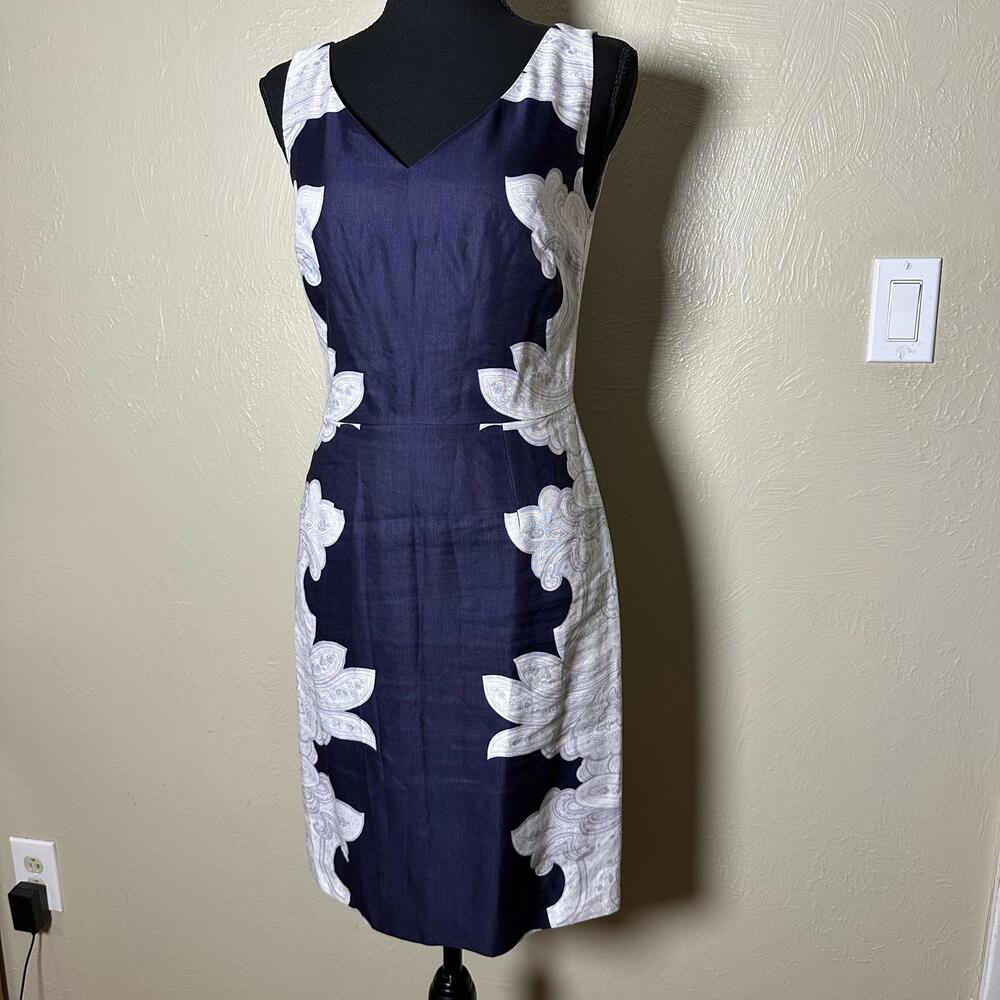 Modern Classic Size 2 Linen-Blend Paisley Sheath Dress Tailored Navy Ivory